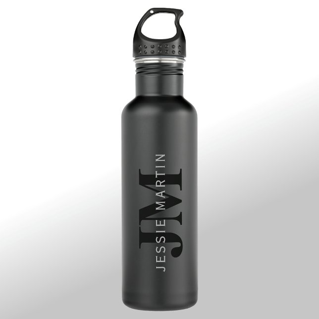 Modern Name & Monogram | Grey & Black Stainless Steel Water Bottle (Creator Uploaded)