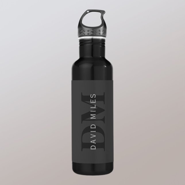 Modern Name & Monogram | Grey & Black Stainless Steel Water Bottle (Creator Uploaded)