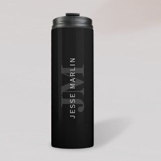 Modern Name & Monogram | Grey & Black Thermal Tumbler