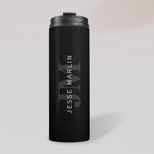 Modern Name & Monogram | Grey & Black Thermal Tumbler (Creator Uploaded)