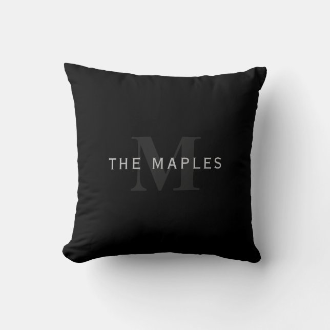 Modern Name & Monogram | Grey & Black Throw Pillow (Front)