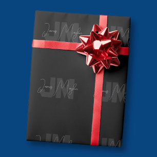 Modern Name & Monogram   Grey & Black Wrapping Paper
