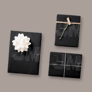 Modern Name & Monogram   Grey & Black Wrapping Paper Sheets
