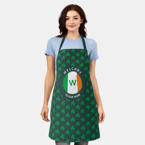 Modern Name Monogram Irish Flag Shamrock Apron