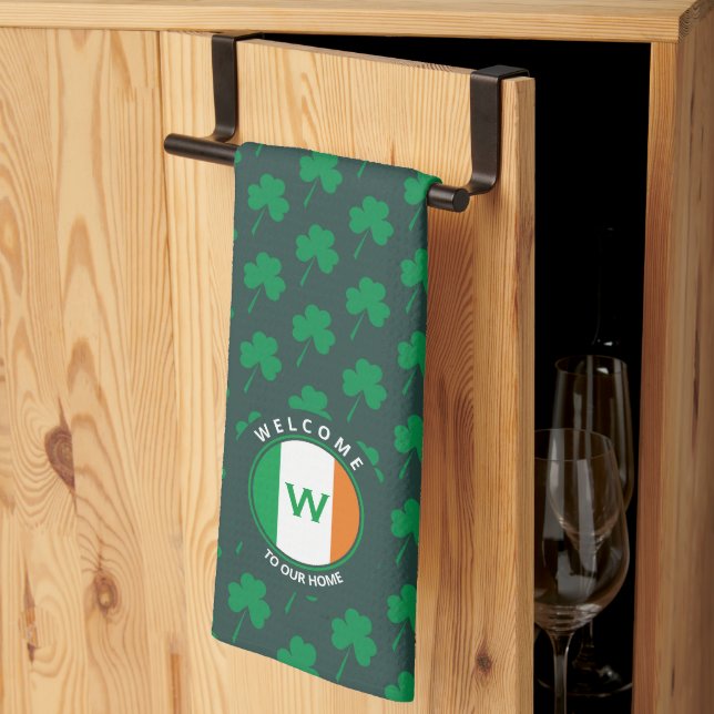 Modern Name Monogram Irish Flag Shamrock Kitchen Towel (Thirds Fold)