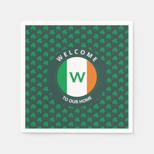 Modern Name Monogram Irish Flag Shamrock Napkins