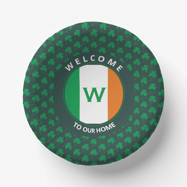 Modern Name Monogram Irish Flag Shamrock Paper Bowls (Front)