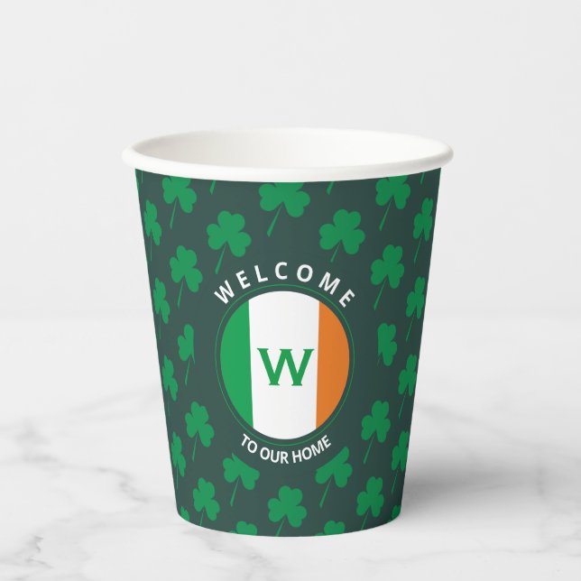 Modern Name Monogram Irish Flag Shamrock Paper Cups (Front)