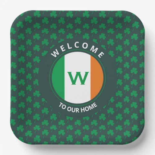 Modern Name Monogram Irish Flag Shamrock Paper Plates