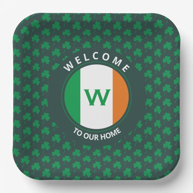 Modern Name Monogram Irish Flag Shamrock Paper Plates (Front)
