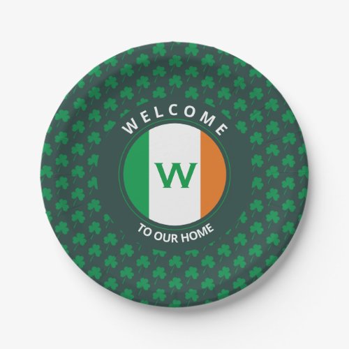 Modern Name Monogram Irish Flag Shamrock Paper Plates