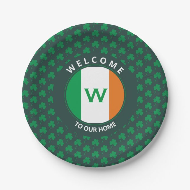 Modern Name Monogram Irish Flag Shamrock Paper Plates (Front)