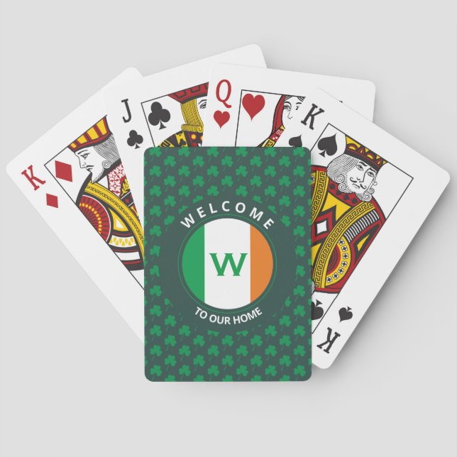 Modern Name Monogram Irish Flag Shamrock Poker Cards (Back)