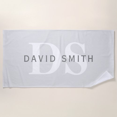 Modern Name  Monogram  Light  Dark Grey White Beach Towel