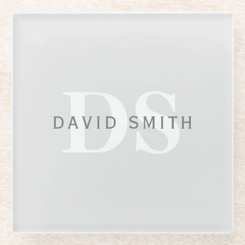 Modern Name  Monogram  Light  Dark Grey White Glass Coaster