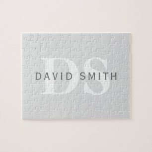 Modern Name & Monogram Light & Dark Grey White Jigsaw Puzzle