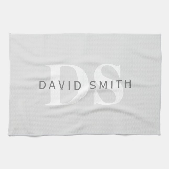 Modern Name & Monogram | Light & Dark Grey White Kitchen Towel (Horizontal)