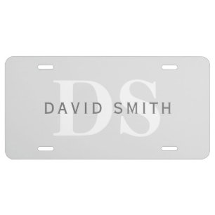 Modern Name & Monogram Light & Dark Grey White License Plate