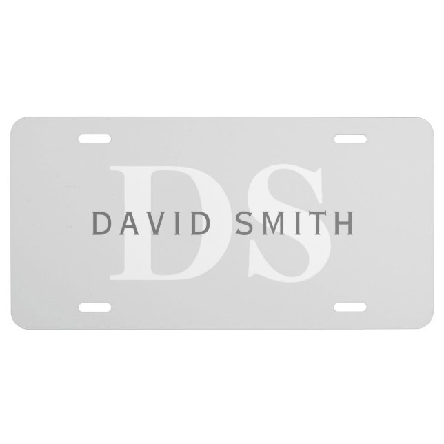 Modern Name & Monogram | Light & Dark Grey White License Plate (Front)
