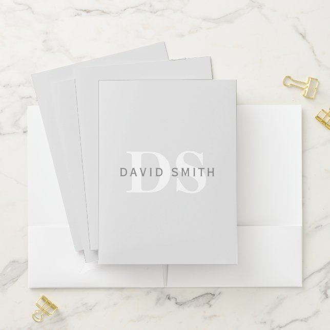 Modern Name & Monogram | Light & Dark Grey White Pocket Folder (In Situ)
