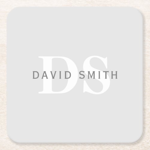 Modern Name  Monogram  Light  Dark Grey White Square Paper Coaster