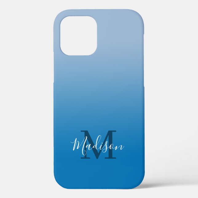 Modern Name Monogram Light to Dark Blue Gradient Case-Mate iPhone Case (Back)