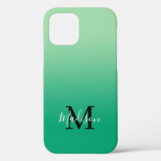 Modern Name Monogram Light to Dark Green Gradient iPhone 12 Case