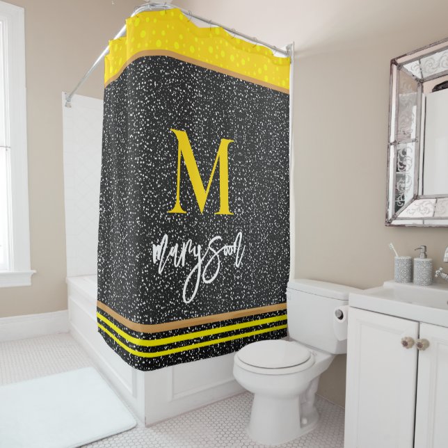Modern Name & Monogram, Luxury Black & Gold Shower Curtain (In Situ)