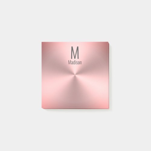 Modern Name  Monogram on Pink Brushed Metal Look Post_it Notes