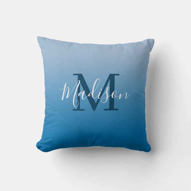 Modern Name Monogram Sky Blue Gradient Throw Pillow (Front)