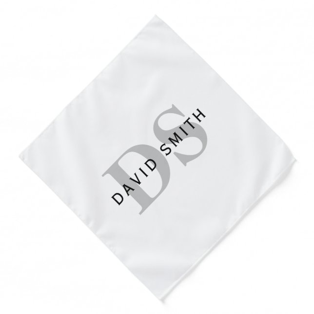Modern Name & Monogram | White Black & Grey Bandana (Front)