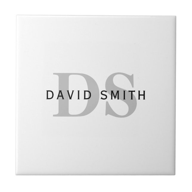 Modern Name & Monogram | White Black & Grey Ceramic Tile (Front)