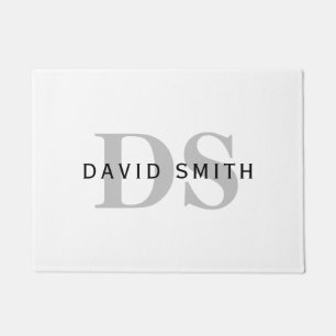 Modern Name & Monogram White Black & Grey Doormat