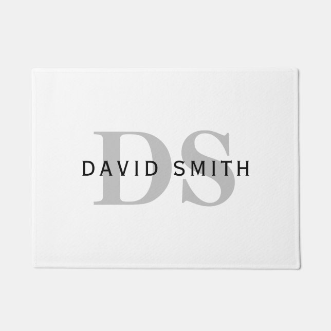 Modern Name & Monogram | White Black & Grey Doormat (Front)