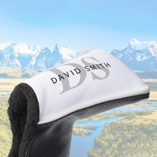Modern Name & Monogram White Black & Grey Golf Head Cover