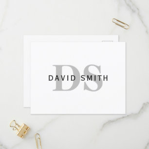Modern Name & Monogram   White Black & Grey Invitation Postcard