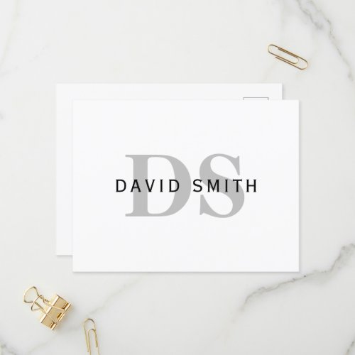 Modern Name  Monogram  White Black  Grey Invitation Postcard