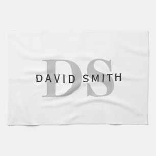 Modern Name & Monogram White Black & Grey Kitchen Towel
