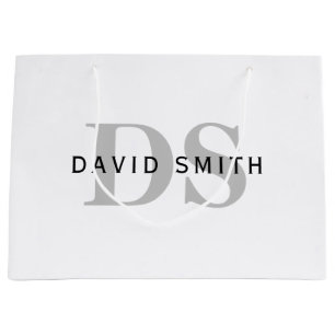 Modern Name & Monogram   White Black & Grey Large Gift Bag