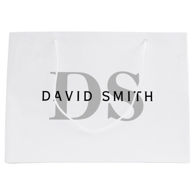 Modern Name & Monogram | White Black & Grey Large Gift Bag (Front)