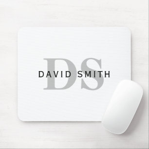 Modern Name & Monogram   White Black & Grey Mouse Pad