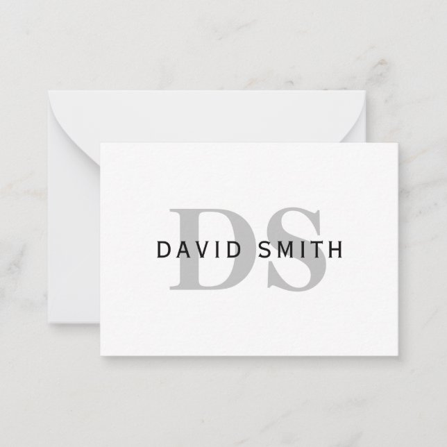 Modern Name & Monogram | White Black & Grey Note Card (Front)