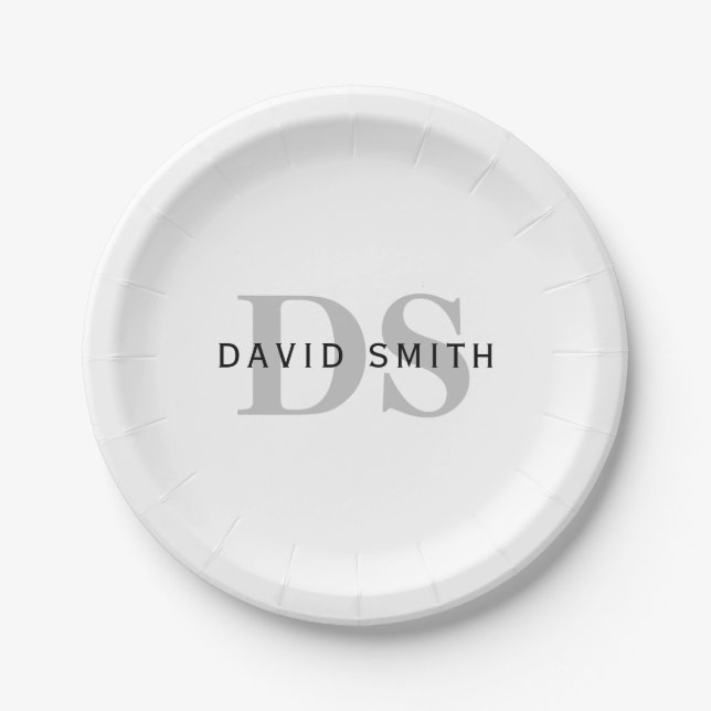 Modern Name & Monogram | White Black & Grey Paper Plates (Front)