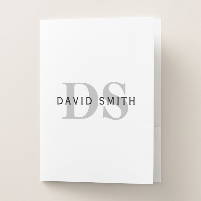 Modern Name & Monogram | White Black & Grey Pocket Folder (Front)