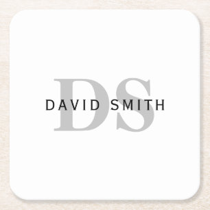 Modern Name & Monogram White Black & Grey Square Paper Coaster