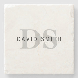 Modern Name & Monogram White Black & Grey Stone Coaster