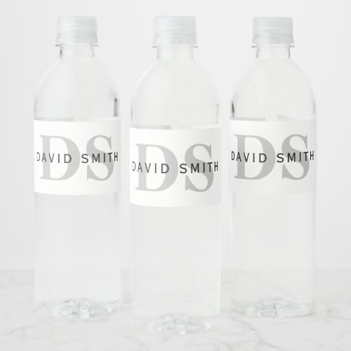 Modern Name  Monogram  White Black  Grey Water Bottle Label