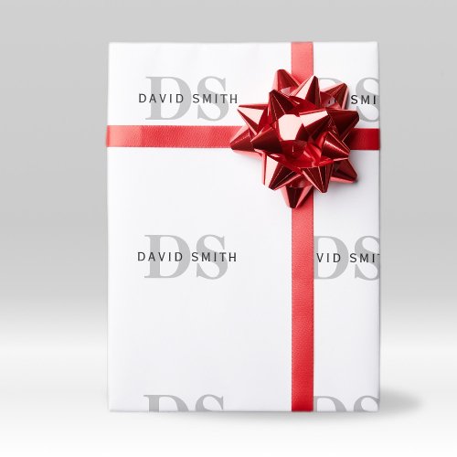 Modern Name  Monogram  White Black  Grey Wrapping Paper