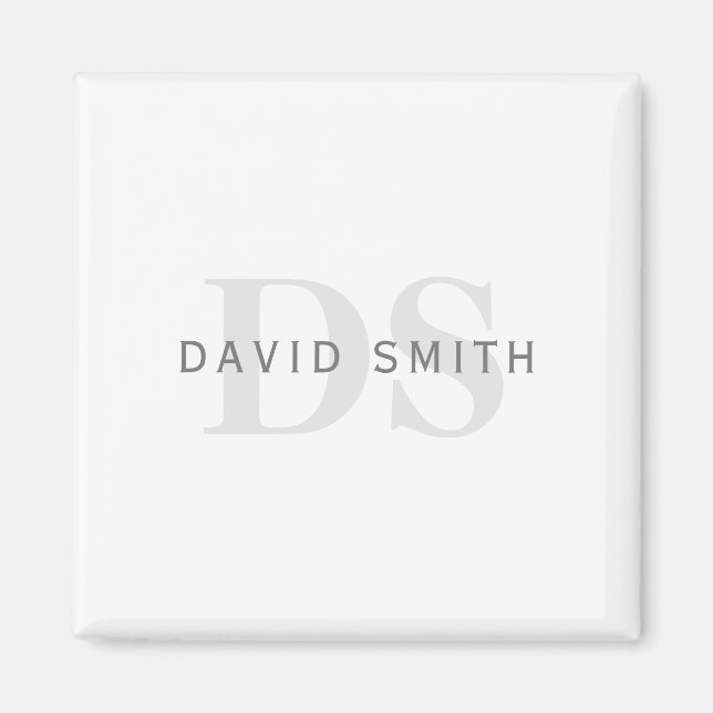 Modern Name & Monogram | White, Light & Dark Grey. Magnet (Front)