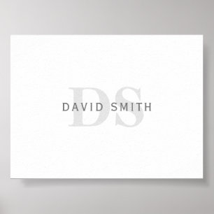 Modern Name & Monogram White, Light & Dark Grey. Poster